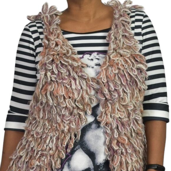 Hand Knit by Dollie Vest Tan Loop Yarn Alpaca Chunky Shaggy Wearable Art Large - Picture 4 of 15